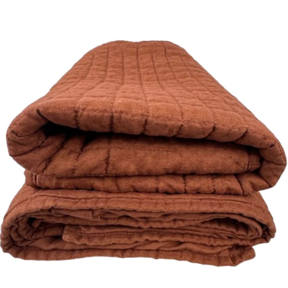 Rejuvenation Stitched Belgian Linen Euro Sham Pair Cotton Filled Quilted Rust